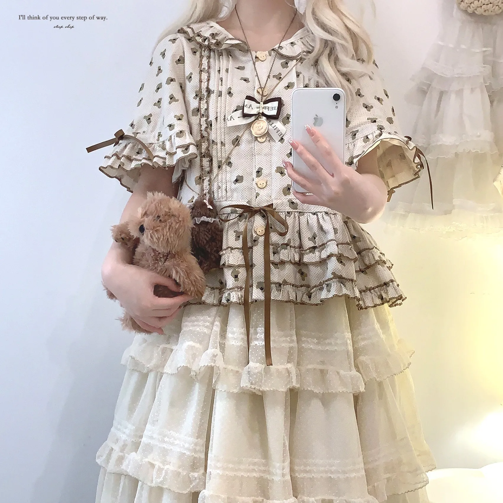 Japanese Style Mori Cute Bear Printed Lace-up Bow Layered Hood Flare Sleeve High Waist A-line Single-Breasted Sweet Dress Women