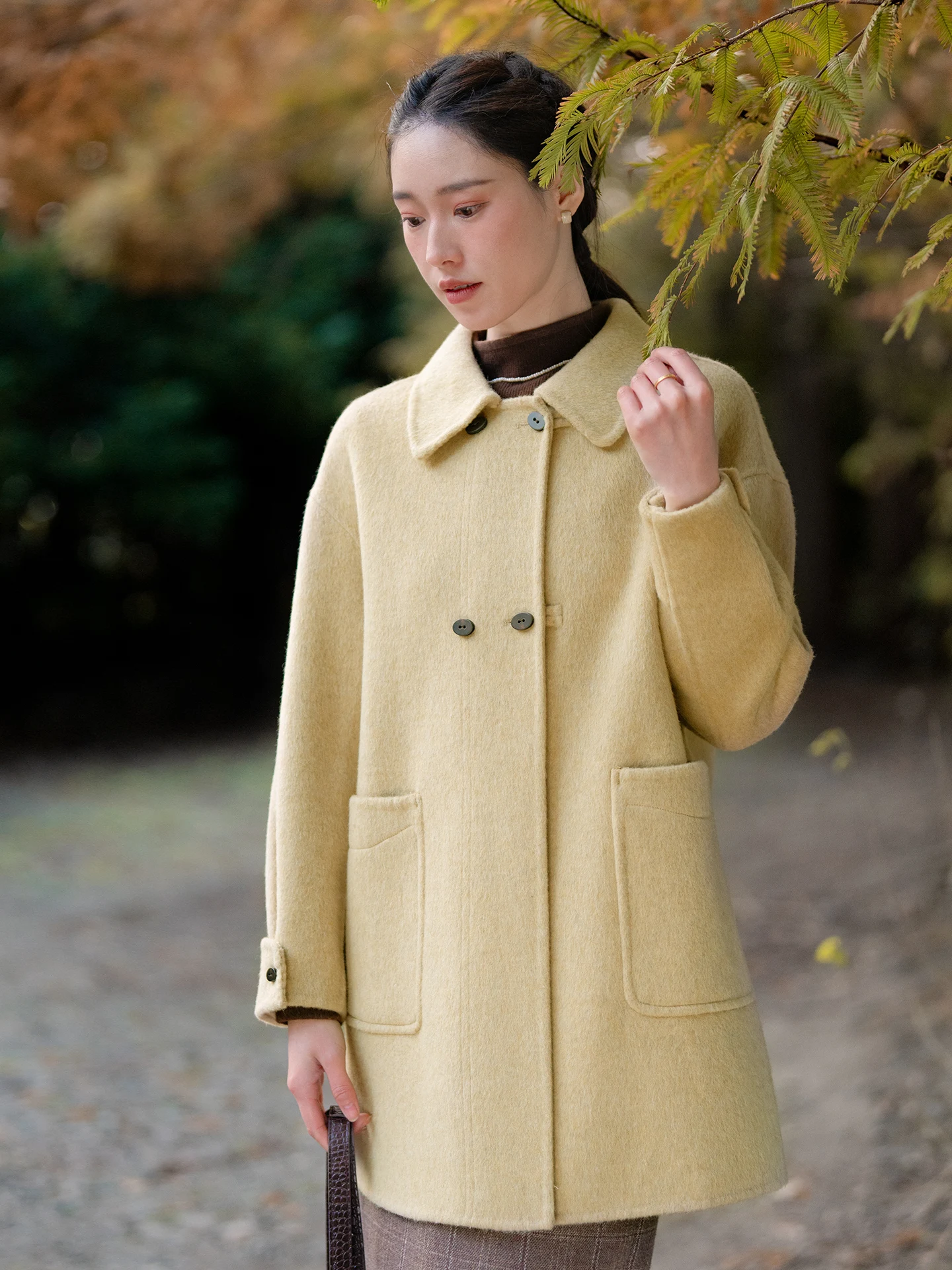 

Artistic Double-Sided Woolen Yellow Jaet Medium-Length Women's Outerwear Spring New Sle Elegance Design Sensation Top