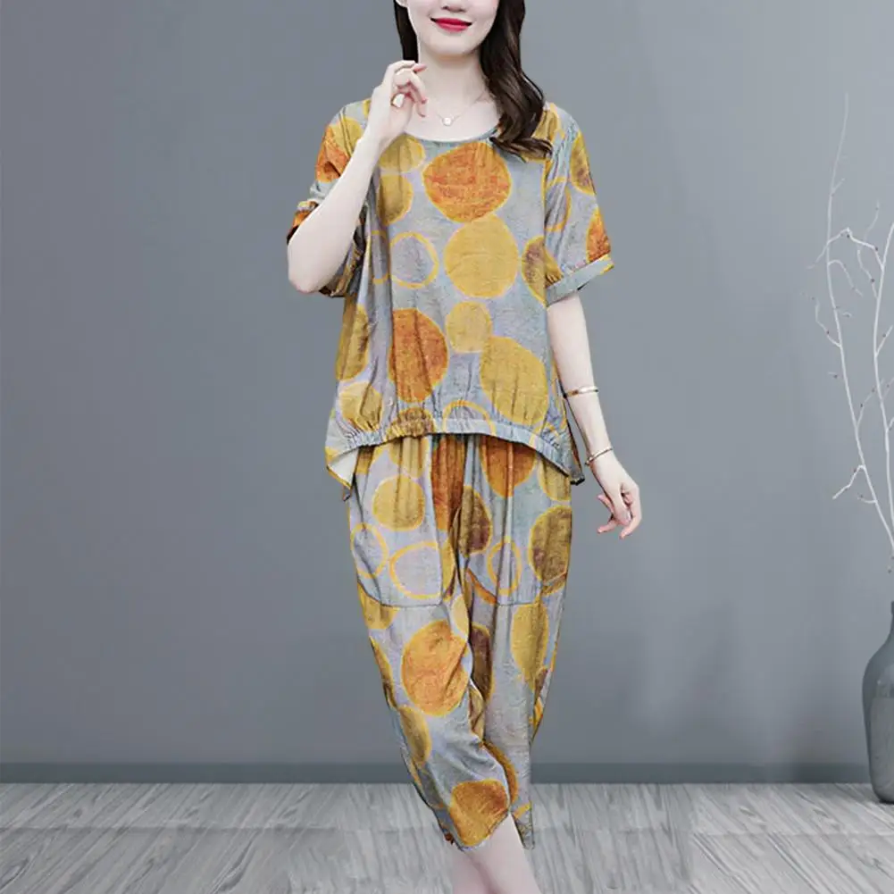 2Pcs/Set Fashion Loose Outfit 3D Cutting Casual Outfit Short Sleeve Vintage Printing Mid-aged Mother Outfit  Dressing Up