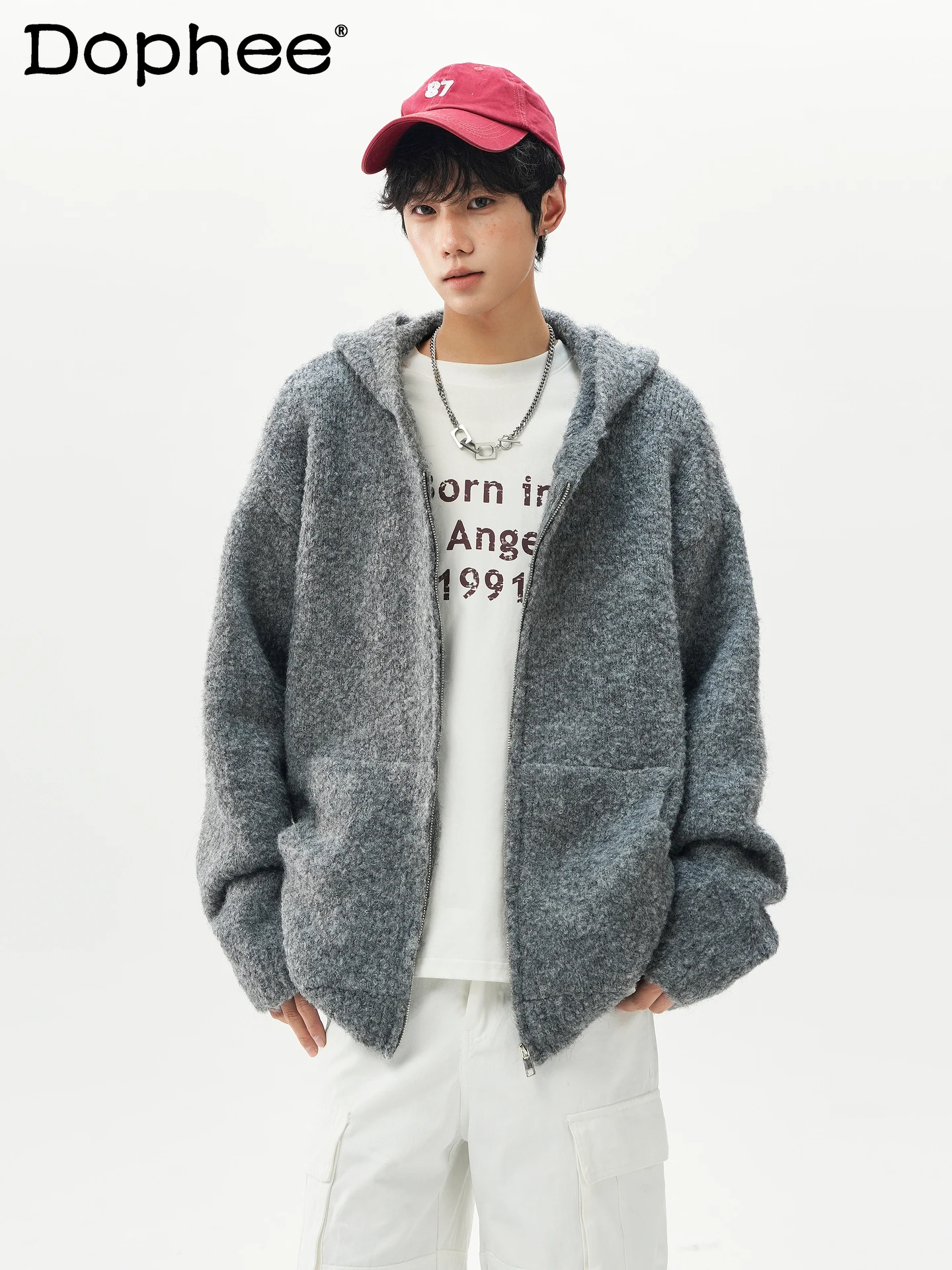 

Fashion Trend Retro Cardigan Sweater for Men Street Style Gentle Loose Casual Couple Knitted Hooded Zipper Jacket