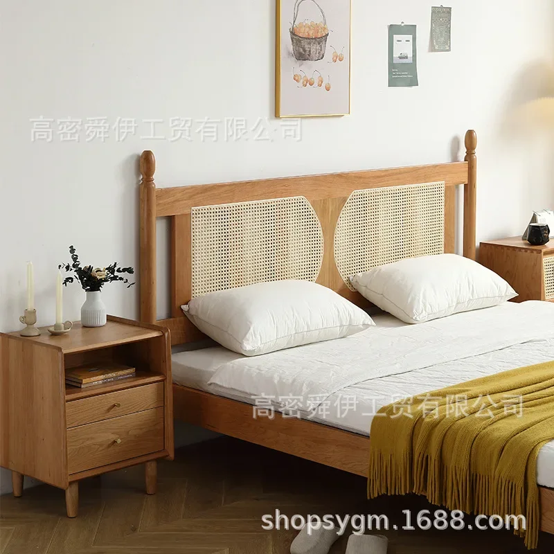 

Vintage rattan solid wood bed cherry wood ins Internet celebrity double bed log single bed Japanese furniture