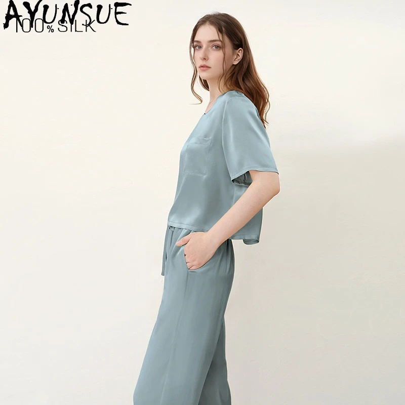 

AYUNSUE 16 мм, 100% натуральный шелк, женская летняя одежда для сна, пижамный комплект, повседневные длинные брюки, топ с коротким рукавом, комплект из двух предметов, пижама