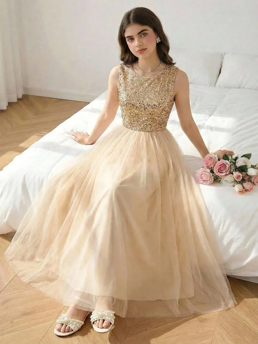 

Elegant Sequin Sleeveless Bow Back Formal Evening Dress Champagne Tulle Maxi Gown