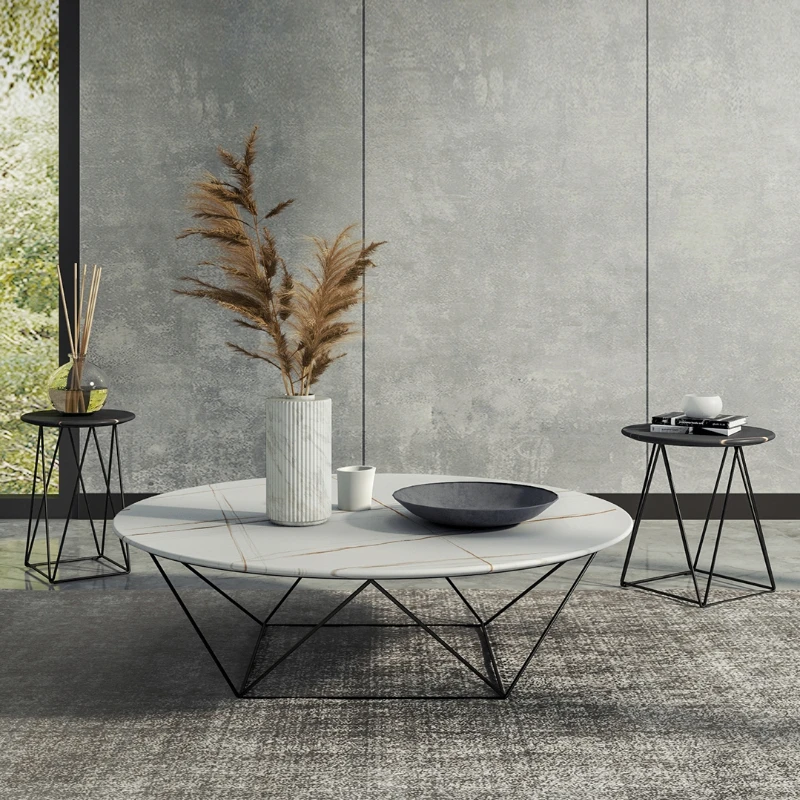 

Simple Coffee Table Marble Stone Plate Tea Table Italian Light Luxury Wrought Iron Creative Sofa round