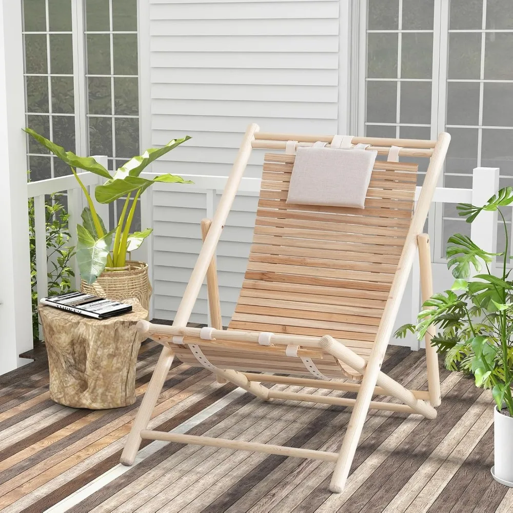 Folding Wood Lounge Chair - Adjustable Backrest, Detachable Headrest, 330 Lbs Capacity, Patio Chair for Poolside, Yard, Lawn