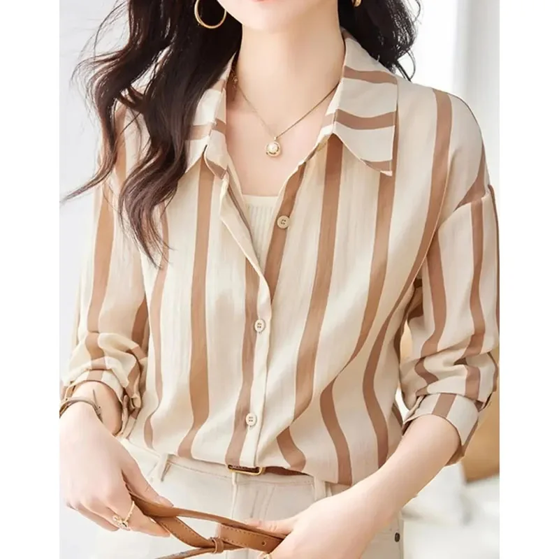 Primavera outono femme novas mangas compridas topos de alta qualidade senhoras moda listra cardigan blusa coreano feminino médio longo estilos camisa