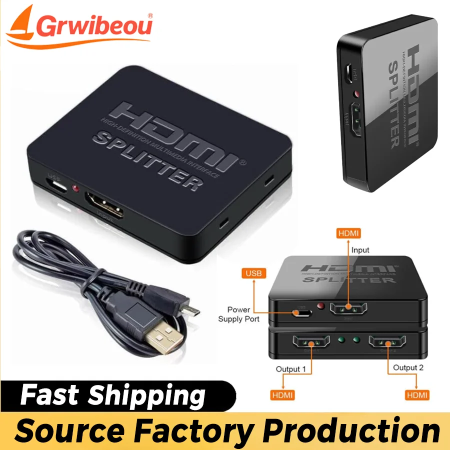 Divisor HDMI Compatible con Grwibeou, 1 Entrada y 2 Salidas, 1080P, Conmutador de Video HDMI para PS4, Laptop, Monitor, TV Box, Proyector, DC 5V 1A