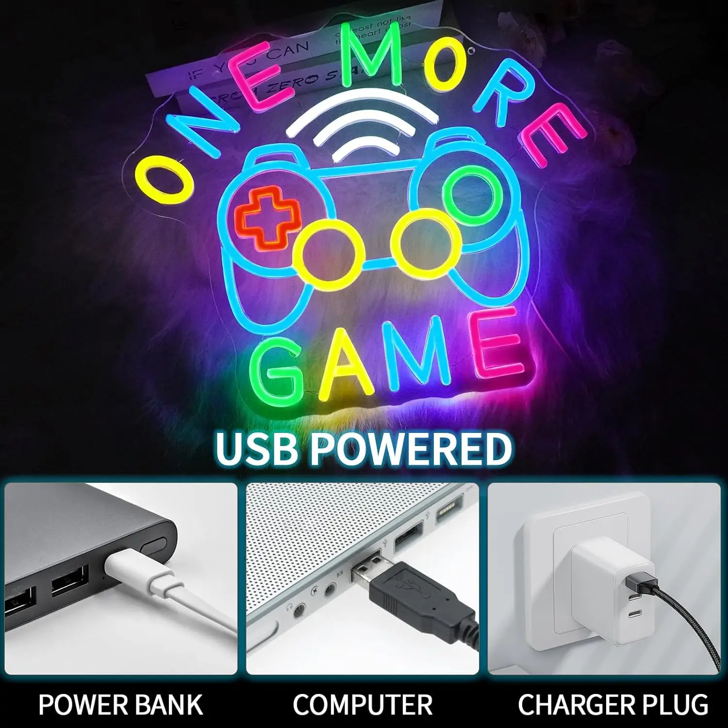 One More Game Neon Sign USB Dimmable LED Neon Light for Bedroom Gaming Room Party Man Cave Decoration Gifts for Gamer