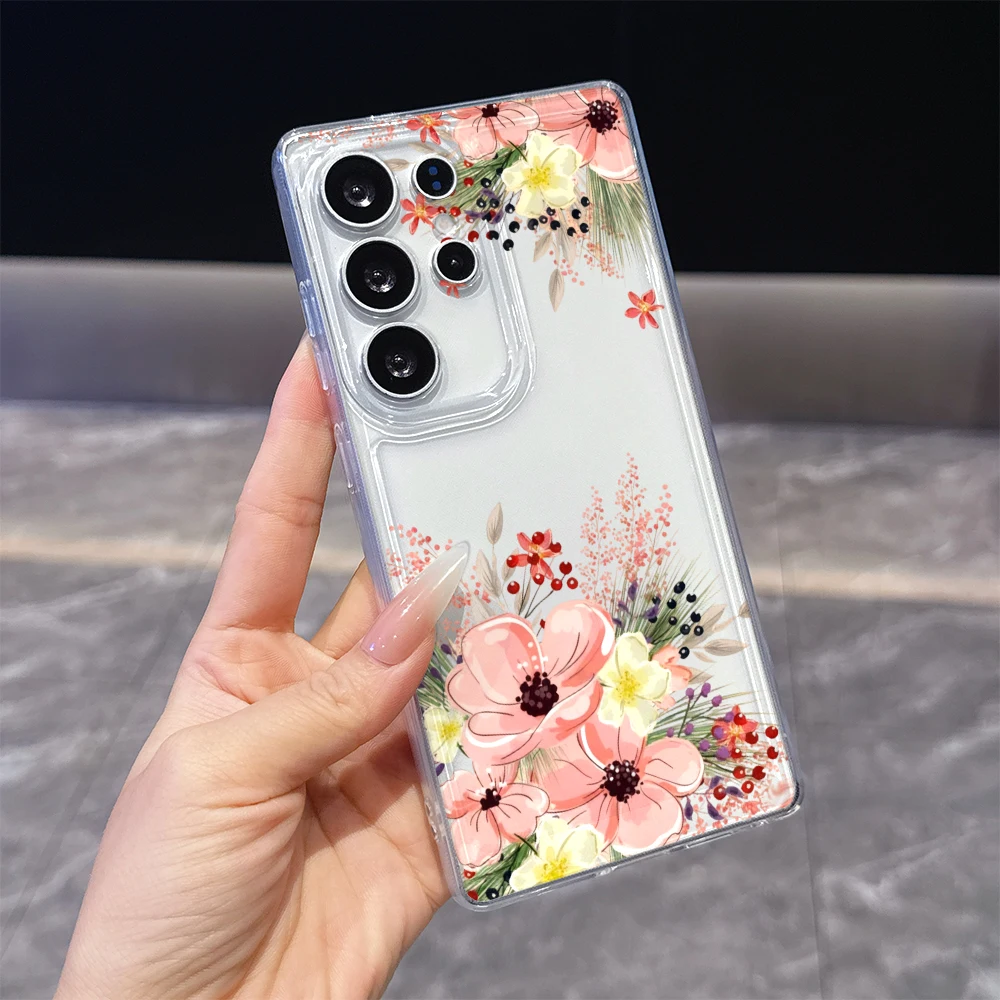 Watercolor Pink Floral Border Phone Case for Samsung Galaxy S26 S25 S24 S23 S22 S21 S20 FE Plus Lucency TPU Protection Cover
