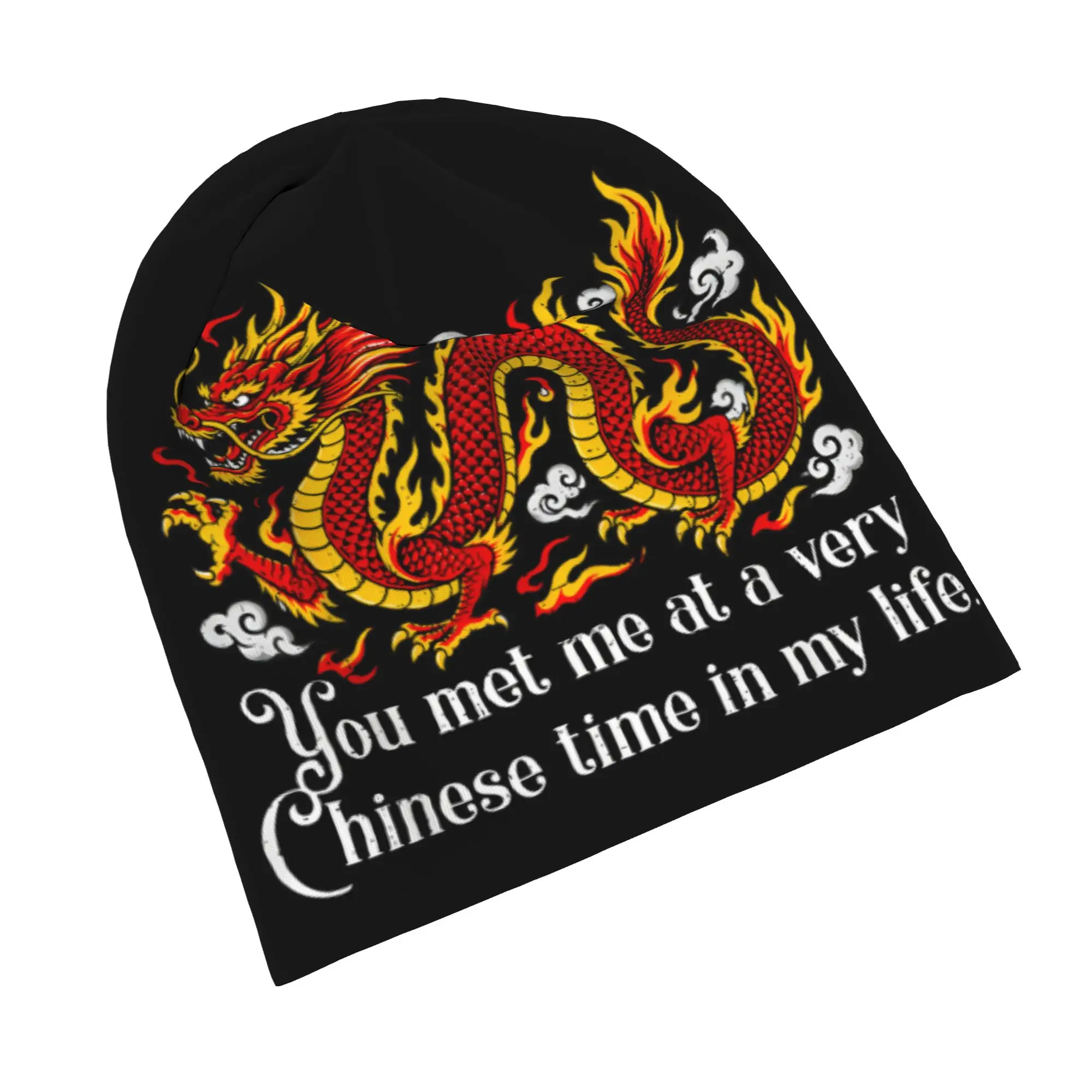 You Met Me At A Very Chinese Time  Skullies Beanies Hat Fire Dragon Quote   Vintage Street Caps Warm Head Wrap Bonnet Hats