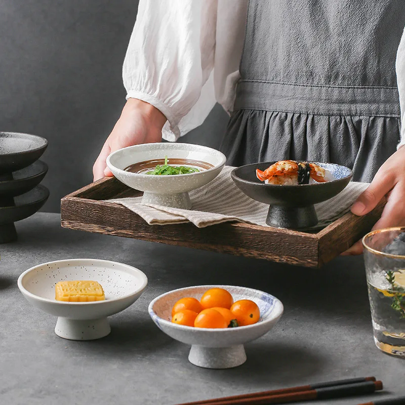 LingAo-Japanese minimalist ceramic high-legged vintage exquisite tea set plate, dried fruit dessert tableware