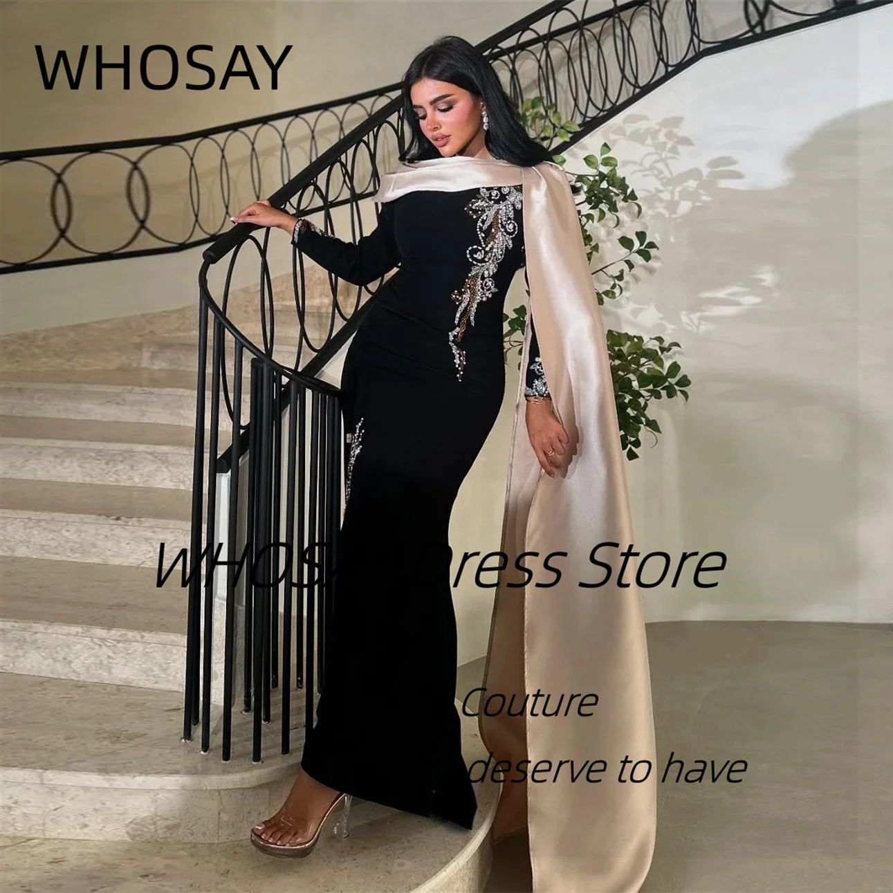 

WHOSAY Black Evening Dresses for Saudi Arabia Women Customized Beaded Long Sleeves Prom Gowns Contrast Color Flutters Vestidos