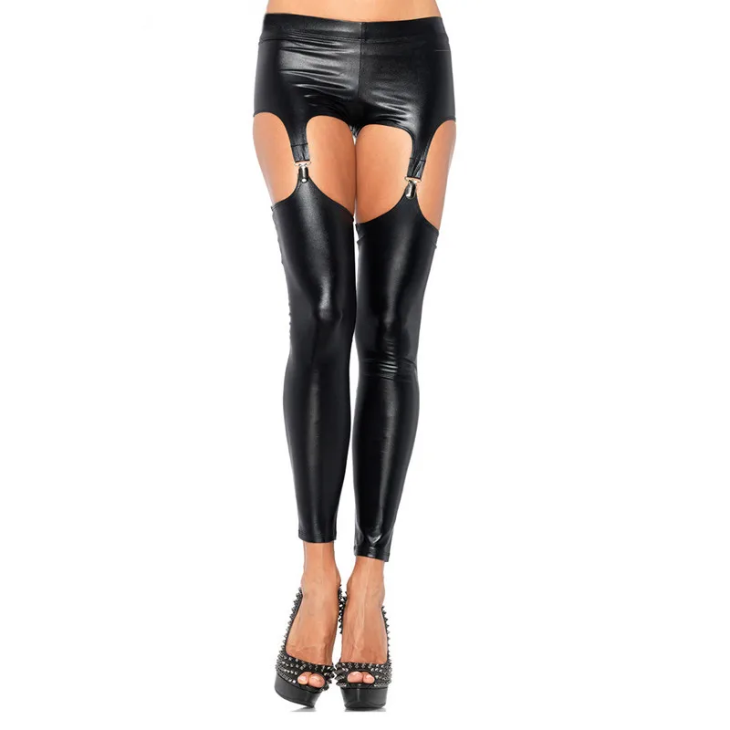 Sexy Shiny Punk Gothic Faux Leather Leggings Erotic Wet Look PVC Leggings Hollow Out Temptation Slim Latex Pants Trouser