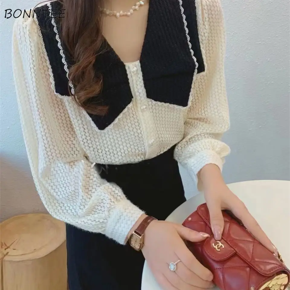 Shirts Women Elegant Knitted Patchwork Fashion Cute Puff Sleeve Loose Office Lady Tender Sexy Charming New Autumn Simple Mature