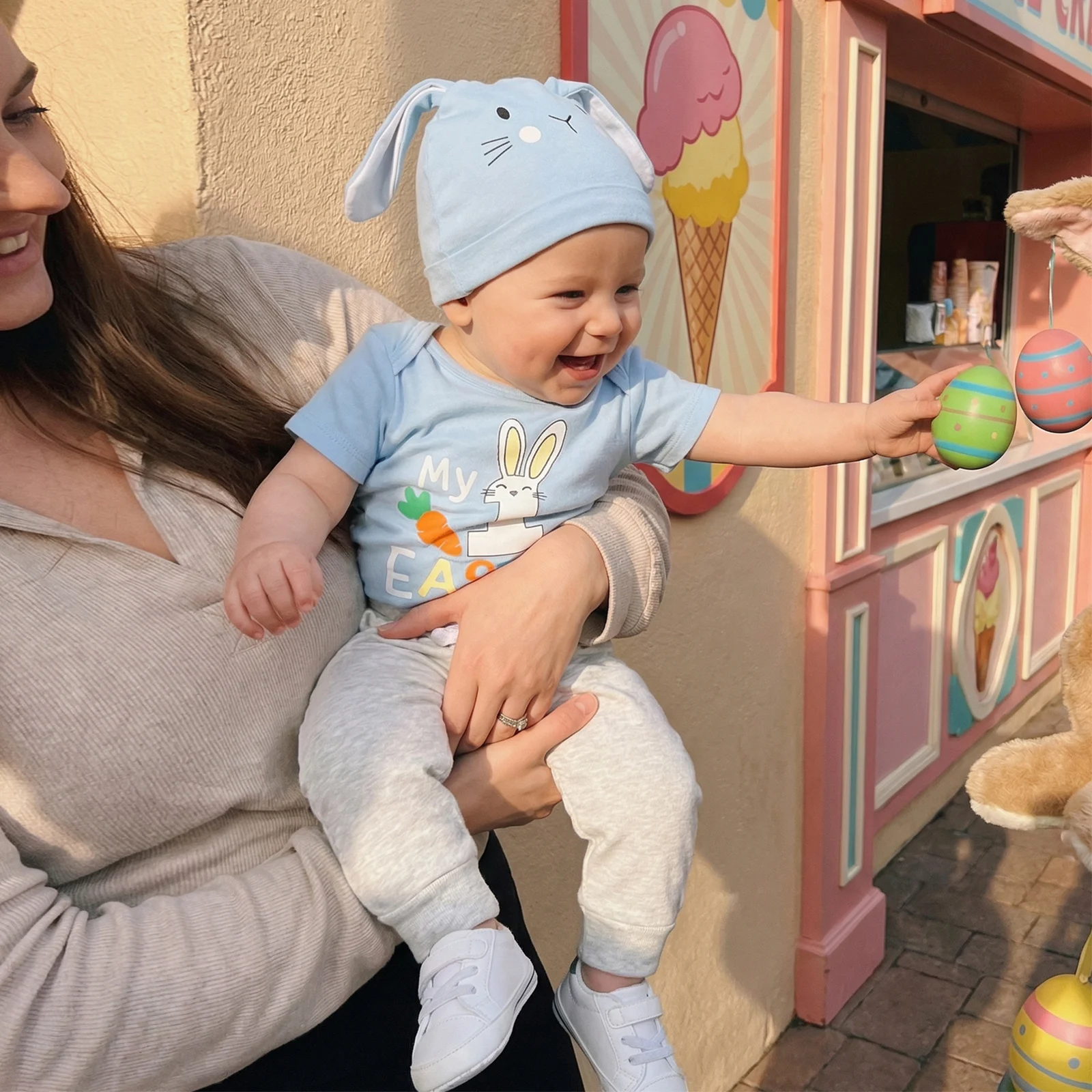 Baby Boys Easter Outfit, Short Sleeve Letters Print Romper with Pants and Bunny Ears Hat Infant Clothes