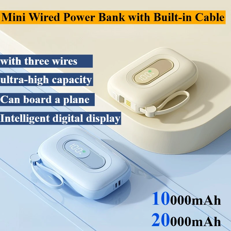 Mini banco de energía portátil de Ultra capacidad, 10000/20000mAh, con Cable incorporado, batería compacta de carga rápida para Huawei, Apple y Android