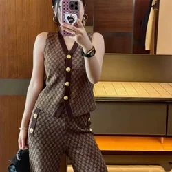 Luxury Vintage 2-piece Set Women Clothing Spring Autumn Knitted Sweater Wide-legged Pants Set High-end Print Tops Straight Pants