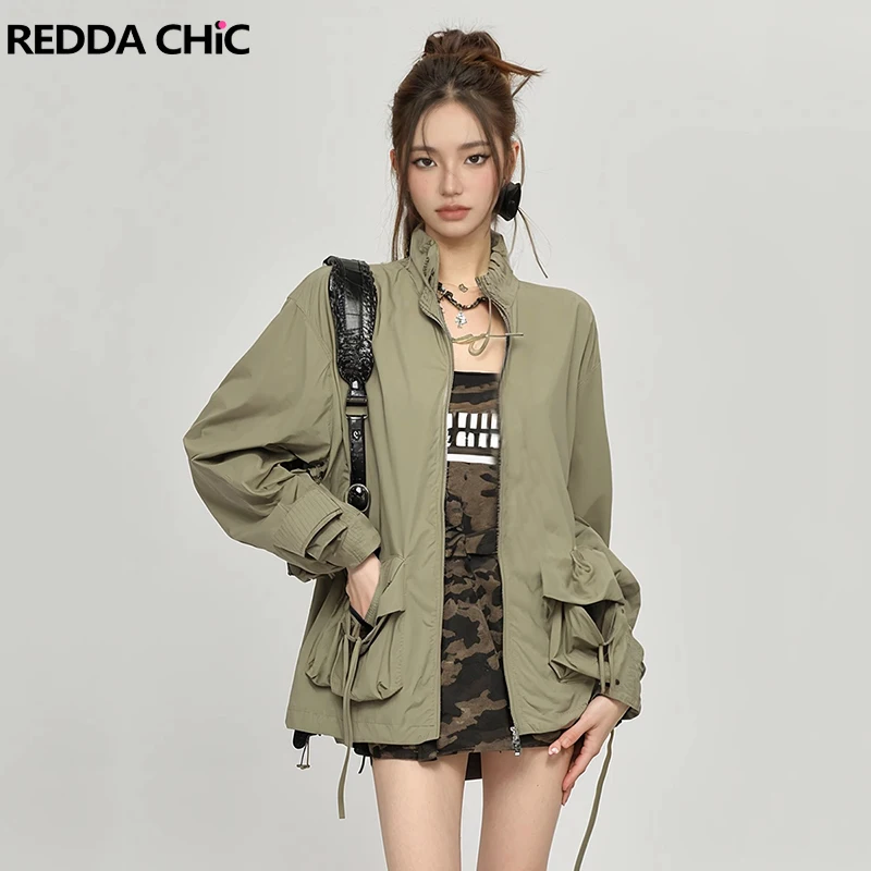 

REDDACHiC Women Parachute Drawstring Turtleneck Jacket Long Sleeves Ribbon Cargo Pockets Casual Oversize Coat Sports Workwear