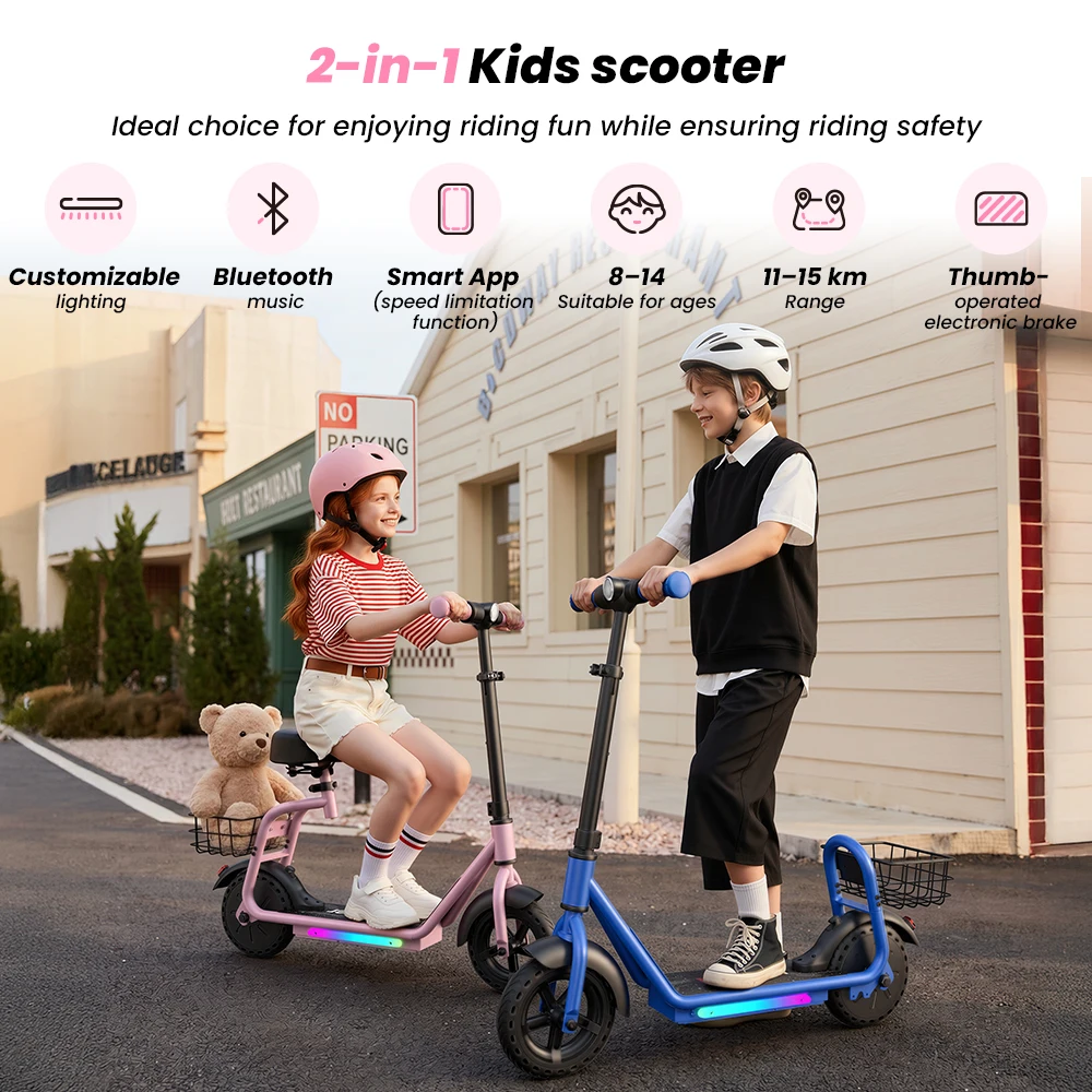 IScooter IK7 2‑in‑1 Kids Electric Scooter With Detachable Padded Seat & Rear Basket 250W Motor 3‑Speed Safety Modes 8.5 Inch Solid Tyre Adjustable Height Handlebar Bluetooth Music Play RGB Deck Light