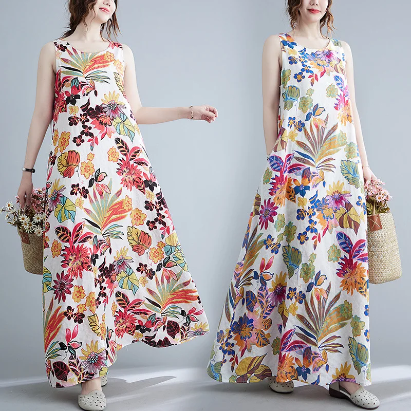 Estate nuove donne vintage allentate stampate senza maniche in cotone e canapa abito moda donna canotta abiti con cinturino maxi abiti