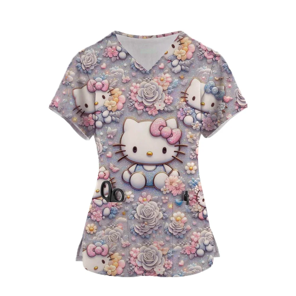 

Womens Hello Kitty Print Kawaii Cute Nurse Uniform Scrubs Cartoon Short Sleeve Pocket Overalls Uniforms Medical Nursing