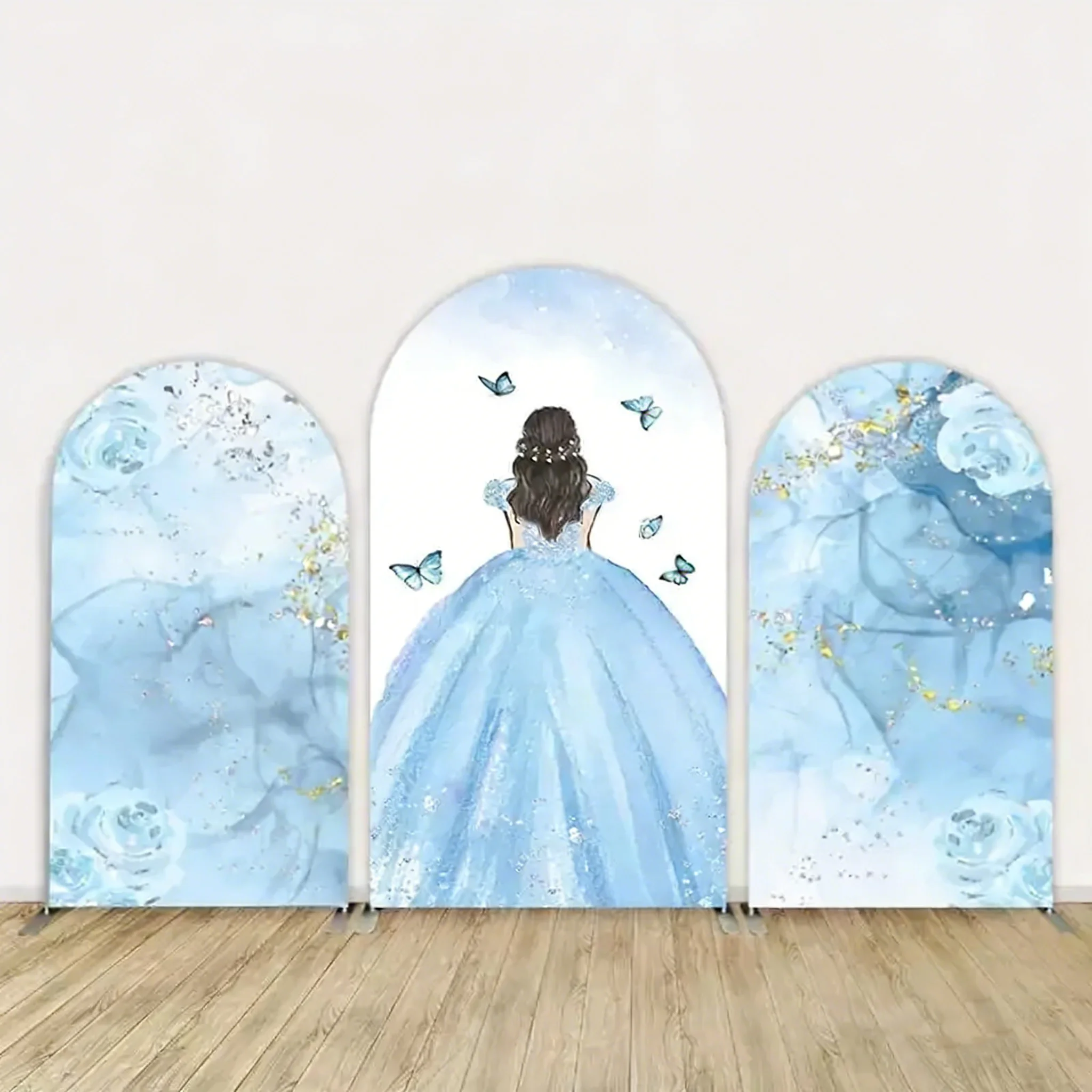 LS Custom 2-Sided Blue Princess Dress Quinceanera Castle Girls Birthday Party Cover Chiara Arch Background Decor Backdrop