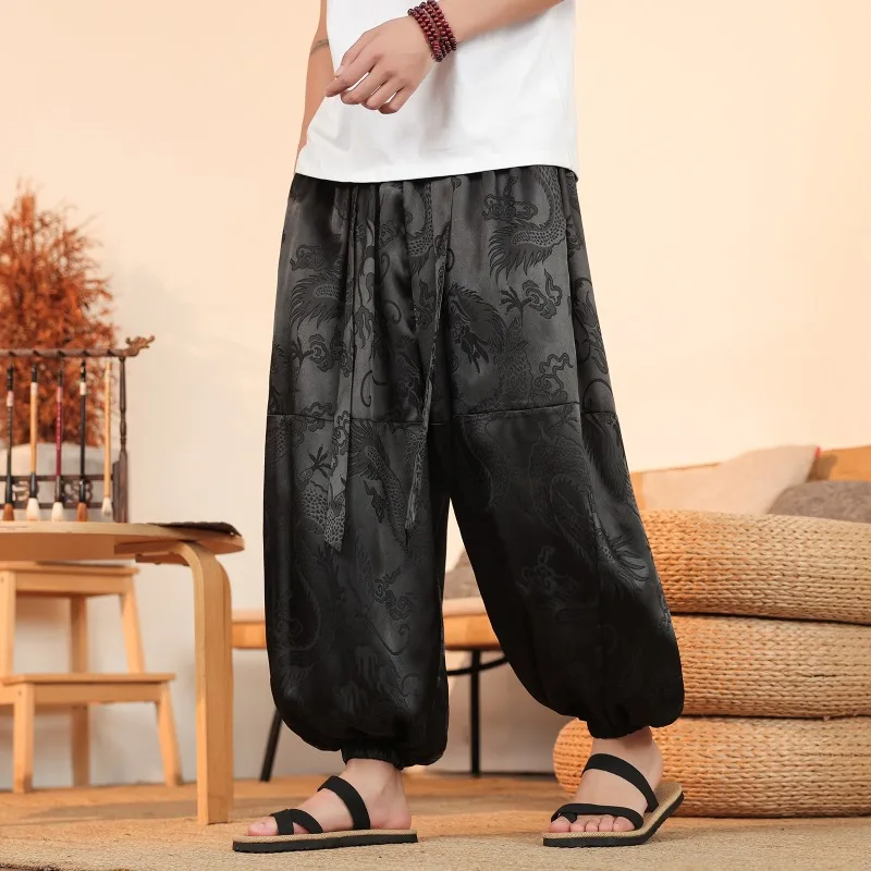 الرجال بنطال ذو قصة أرجل واسعة الصيف الحرير الجليد ضوء رقيقة هارون السراويل النمط الصيني التنين طباعة بنطلون غير رسمي فضفاض المعتاد الرجال الملابس