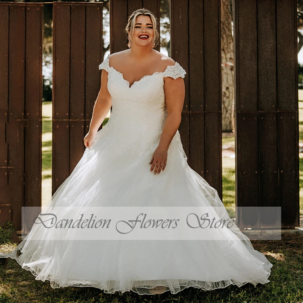 Prachtige Trouwjurken Plus Size 2023 Vrouwen Uit De Schouder Lace Up Bride Tulle A-lijn Sweep Trein فستان حفلات الزفاف