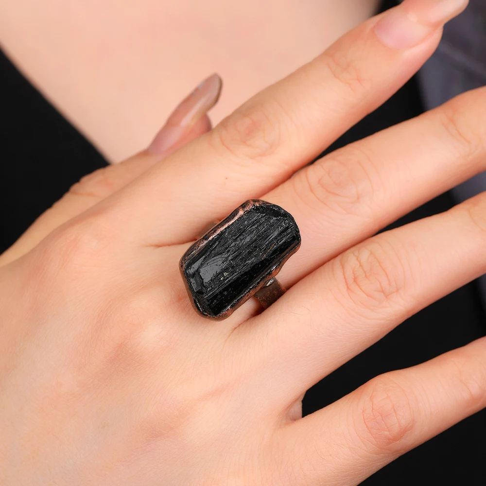 Adjustable Ring Irregular Black Tourmaline Natural Stone Reiki Healing Crystal Bronze Metal Open Rings Gift for Women Jewelry view 6