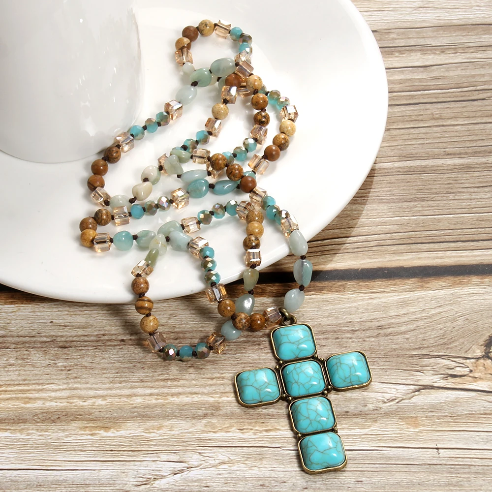 Spring New Fashion Bohemian Blue Green Natural Stone Glass Knot Necklace Square Cross Pendant Necklace Sweater Chain