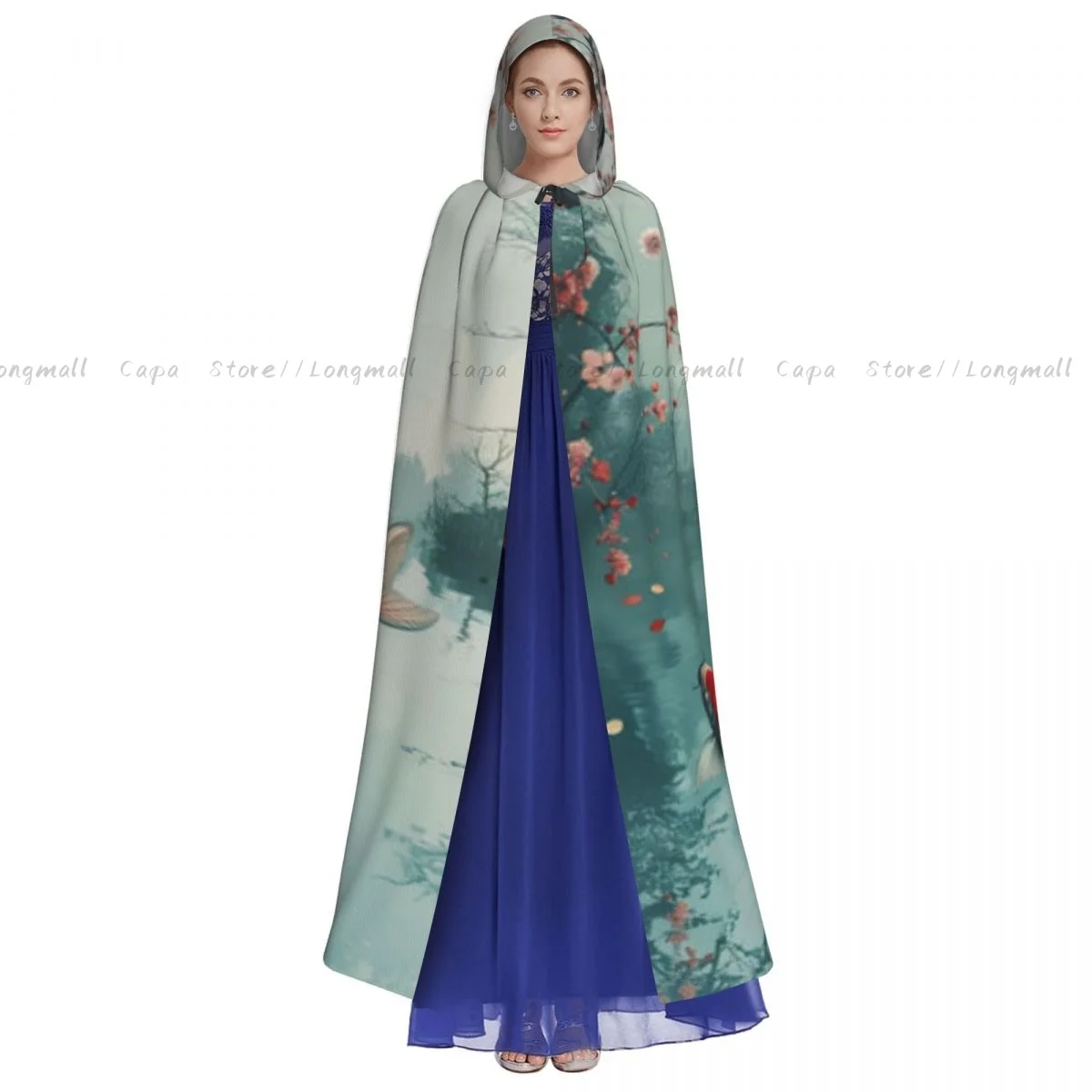 Adult Halloween Koi Fish In The Pond With Cherry Blossom Cloak Cape Hooded Medieval Costume Full Length Dress Coat