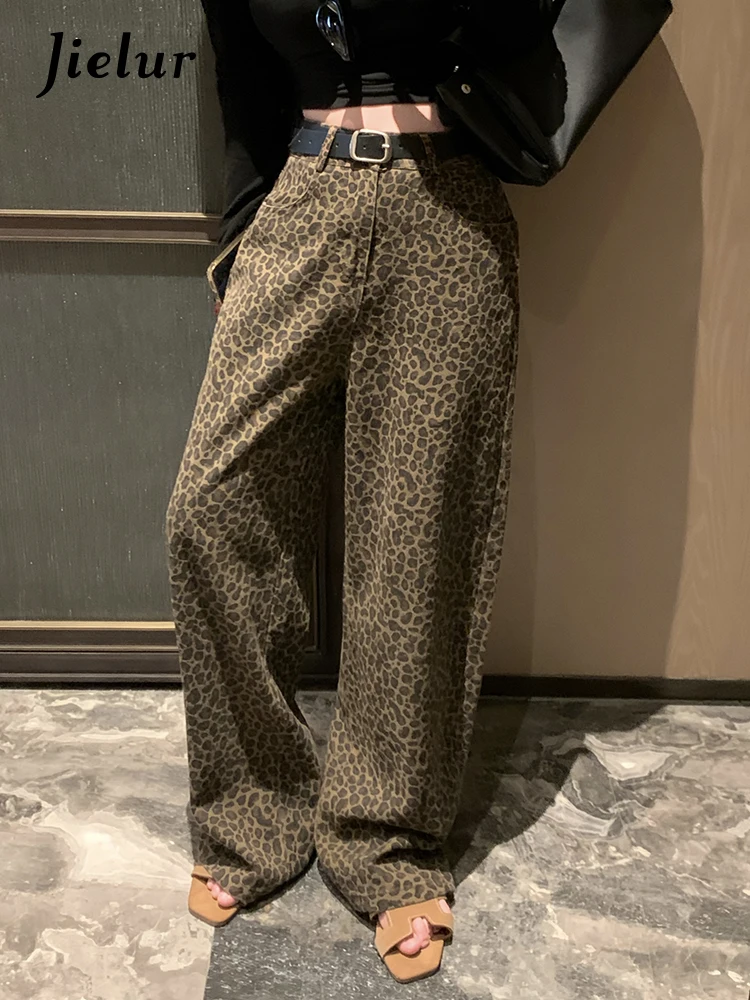 

New Female Wide Leg Pants Leopard Print Straight Pants High Street American Fashion Casual Loose Basic Zipper Button Women Pants