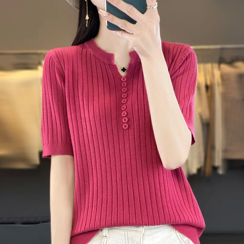 

Women Sweater Buttons O-neck Harf Sleeves Bottoming Shirt Fashion Striped Underwear Autumn Winter Knitted Sweaters Pullovers