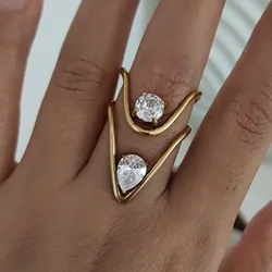 Pear cz stone v rings stainless steel rings for women abnormal simple dainty jewelry waterproof summer jewelry delicate
