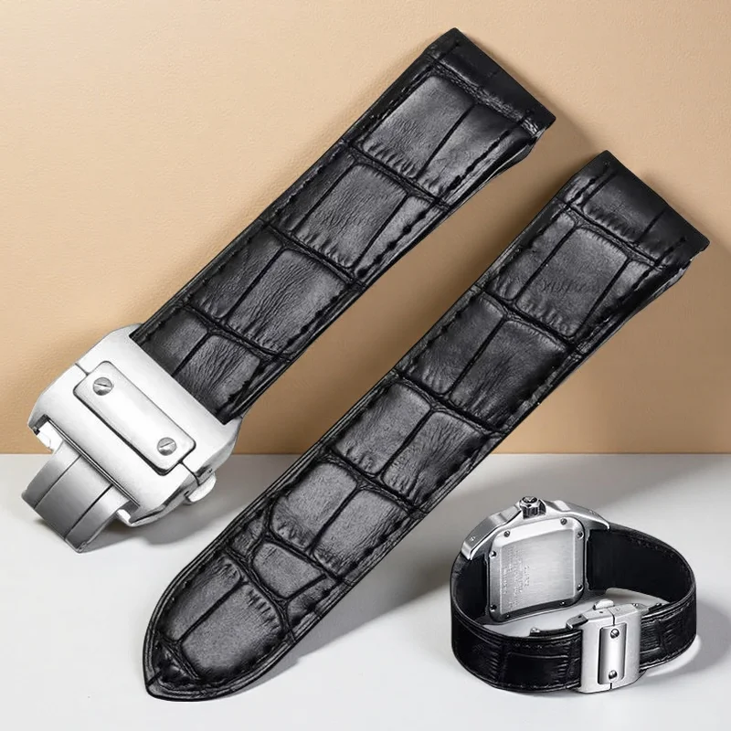 20 23mm High quality leather watchband For cartier Santos Cowhide strap Santos 100 men women folding buckle Bracelet Accessories
