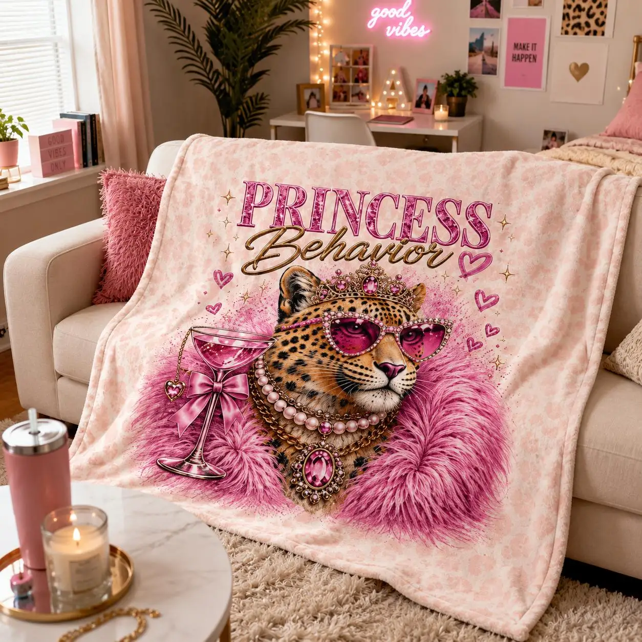 Princess Behavior Good Vibes Pink Throw Blanket Cozy Cute Leopard Print Gift for Her