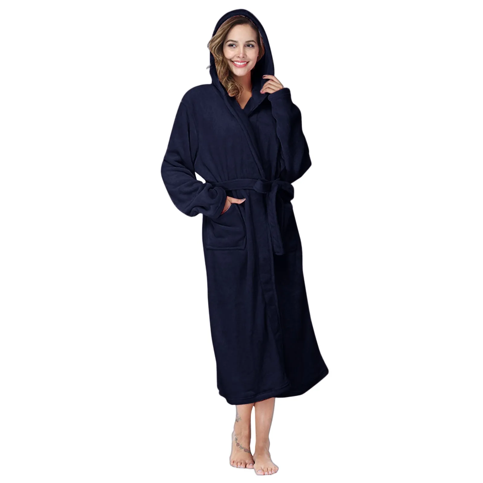 Fashion Kimono Bathrobe Hooded Fleece Bathrobe Lightweight Plush Long Flannel Sleepwear Fleece Hooded Bathrobe Plush Long Robe