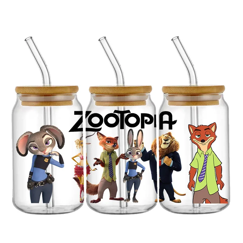 Zootopia أرنب الثعلب الشرطة نمط الأشعة فوق البنفسجية DTF نقل ملصق مقاوم للماء نقل الشارات لملصقات التفاف كوب زجاجي 16oz