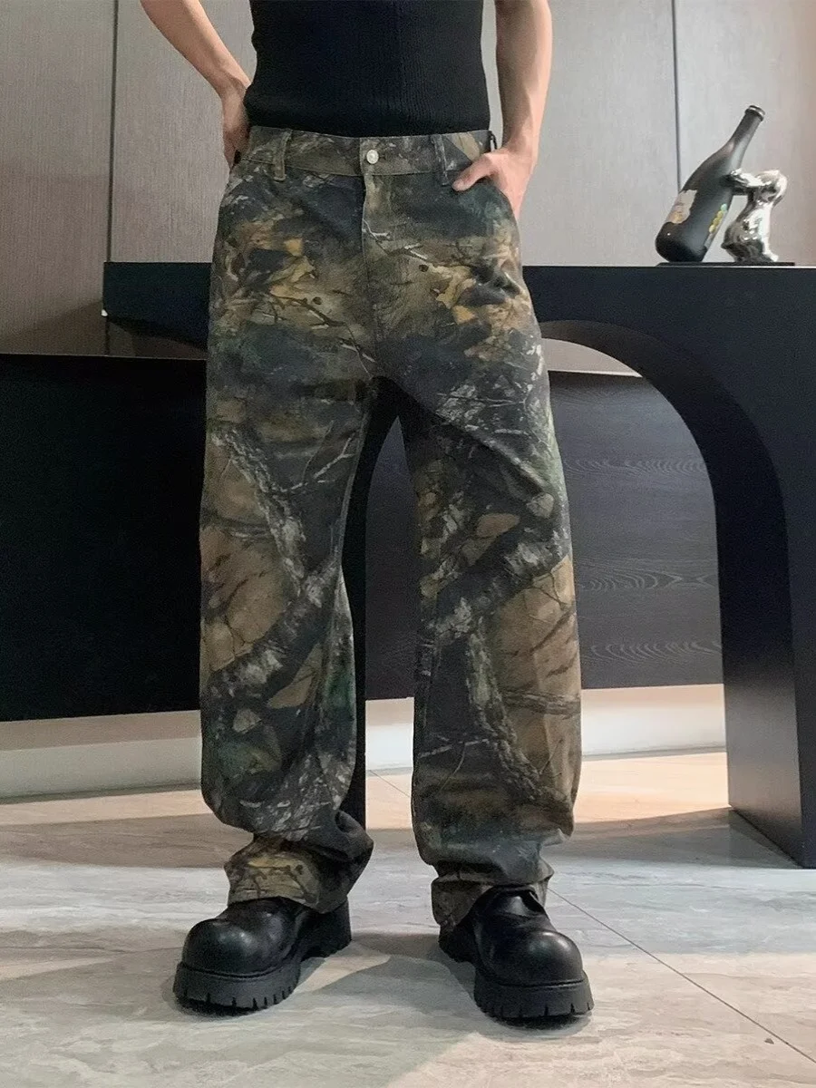Retro American Street Sle Camouflage Loose Wide Leg Straight Workwear Pants Men Women Vintage Dirfit Youth Casual Jeans