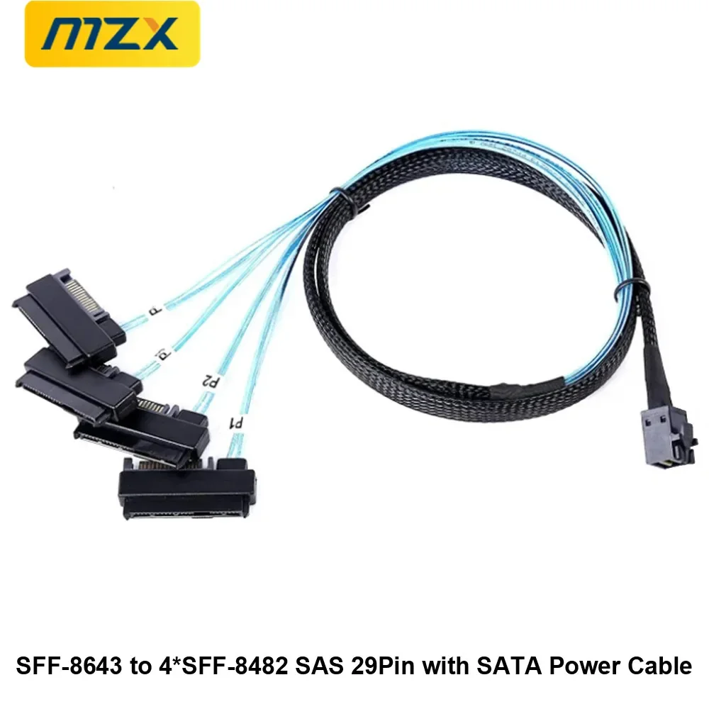 MZX 50cm/1.64ft SFF-8643 to 4 SFF-8482 SAS Cable Connector Adapter 29Pin SATA Power 2 in 1 Computer Cable Mini-SAS to SAS-Cable