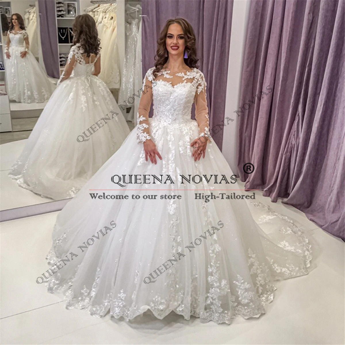 

Sparkly Sequins Ball Gown Wedding Dresses For Bride Luxury Long Sleeves Lace Appliques Bridal Gowns Customized Robe De Soriee