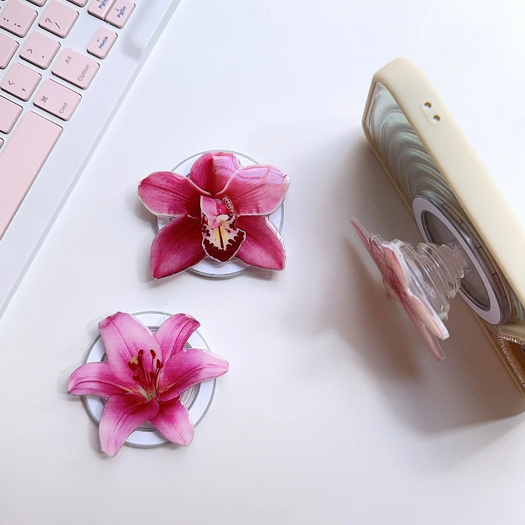 Soporte magnético para teléfono con succión de flor de orquídeas 3D para niña, soporte para IPhone Samsung, agarre de bolsillo, soporte Tok