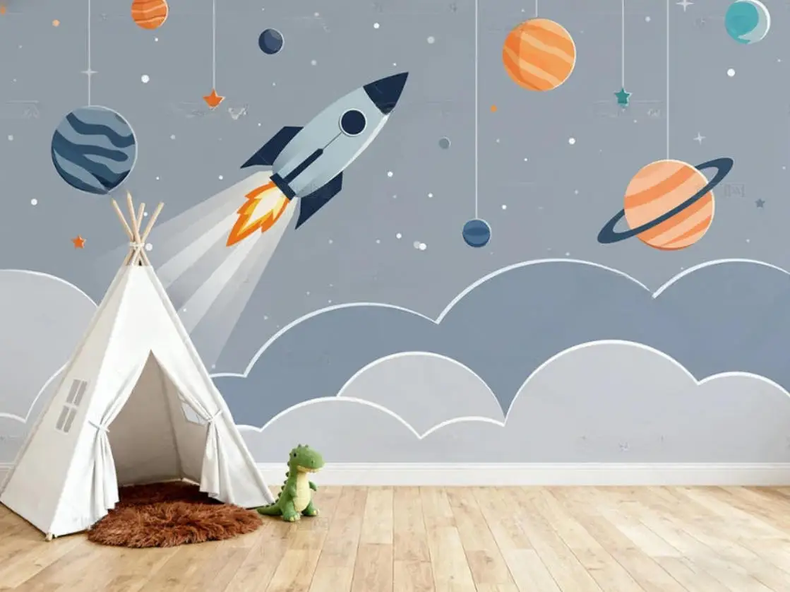 

Customized Wallpaper Nordic Hand drawn Space Space Space Cartoon Rocket Planet Children's Background Wall Decorative Wallpaper