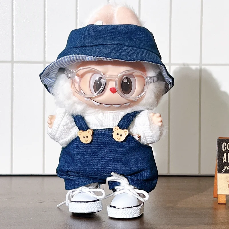 

For Labubu Dolls First Second Generation Plush Toys Sitting Party Vinyl Figures Knitted Sweater Fisherman Hat Overalls Jeans Set