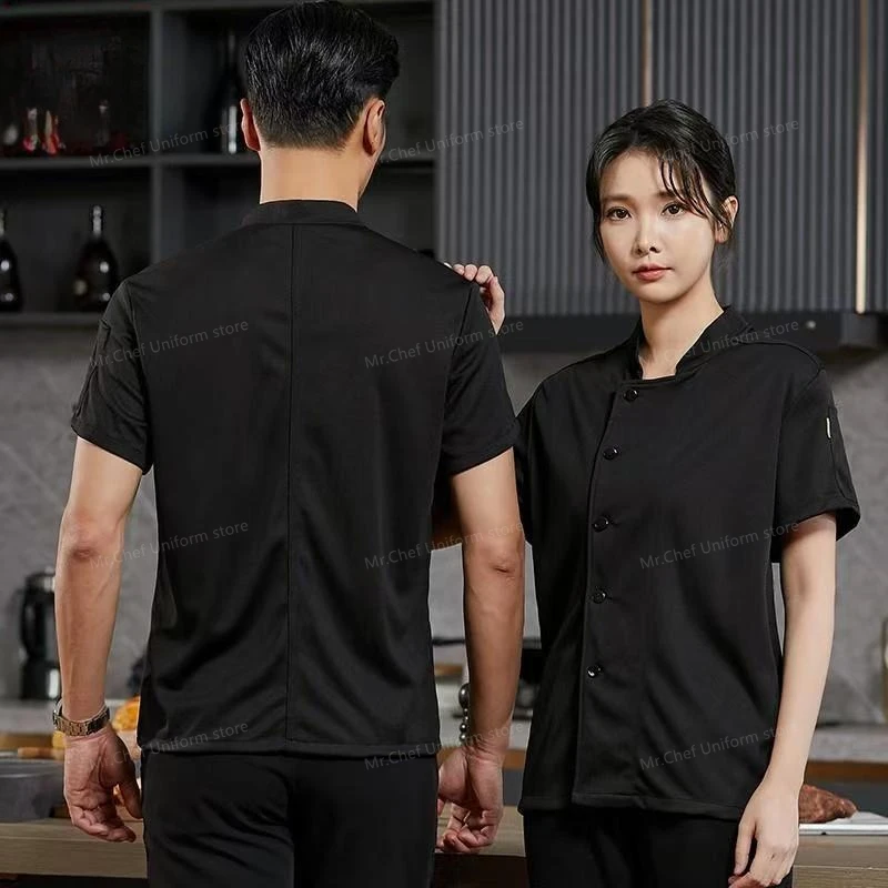 زي طاهٍ للمطاعم بأكمام قصيرة للرجال، جاكيت شبكي قابل للتنفس مع مريلة، معطف طاهٍ للمطبخ، شعار ملابس العمل للنساء باللون الأسود