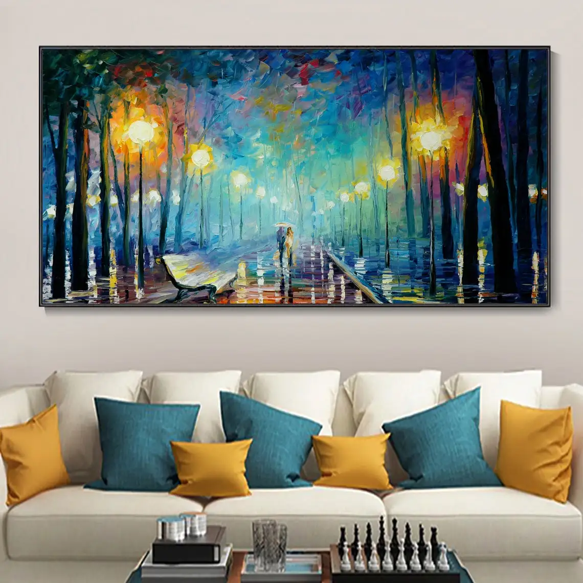 Abstract Forest Landscape  Hand Painted Oil Painting Lovers Walking In The Rain Night Street Beauty Textured Tree Wall Art Lover