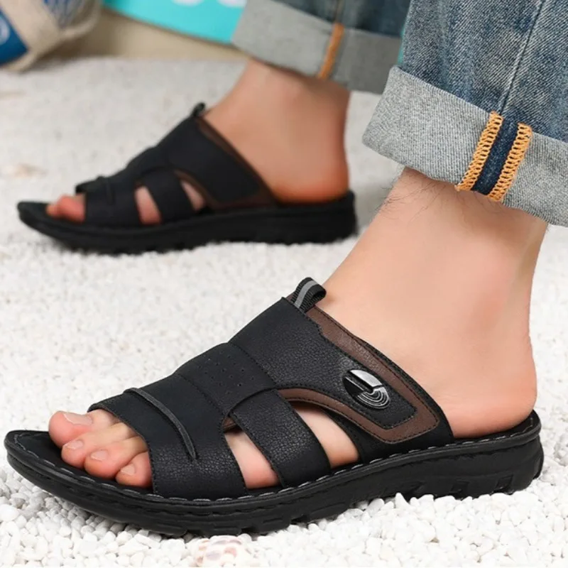 Large Size Men Slippers High Quality Cowhide Leather Slippers Summer Casual Beach Slippers Outdoor Non-slip Flat Sandals for Men image 4