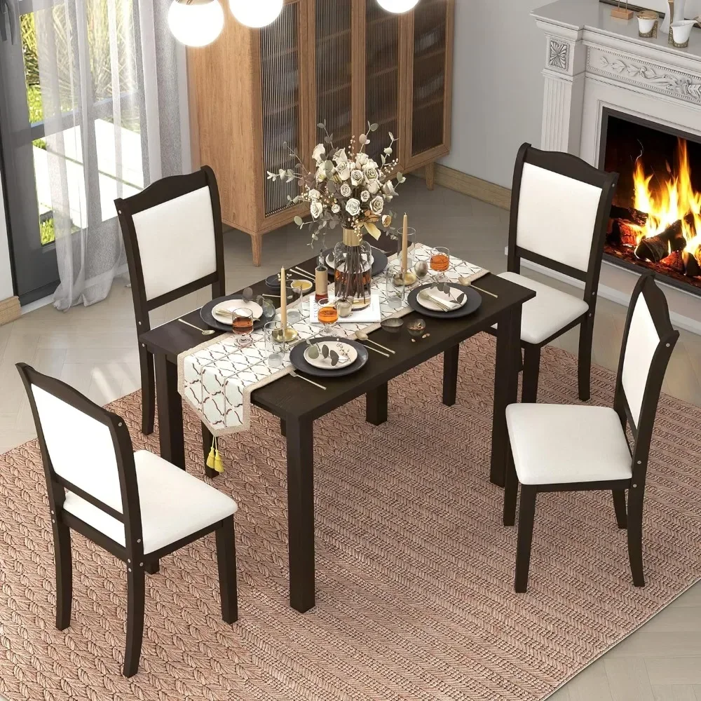 

5-Piece Dining Table Set, Solid Wood Kitchen Tables Set with Rectangular Table and 4 Upholstered Chairs