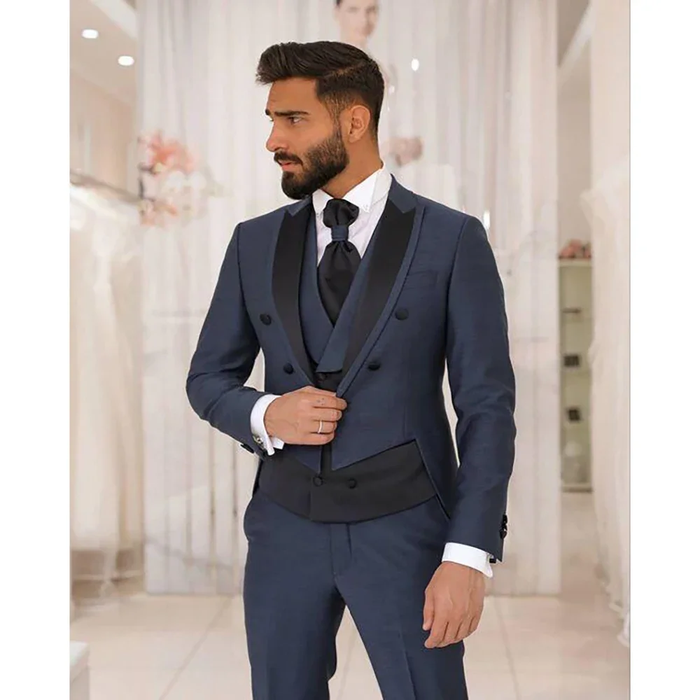 Handsome Slim Double Breasted Men Suit 3 Pieces Blazer+Pants+Vest Handsome Wedding Formal Work Causal Tailored Set