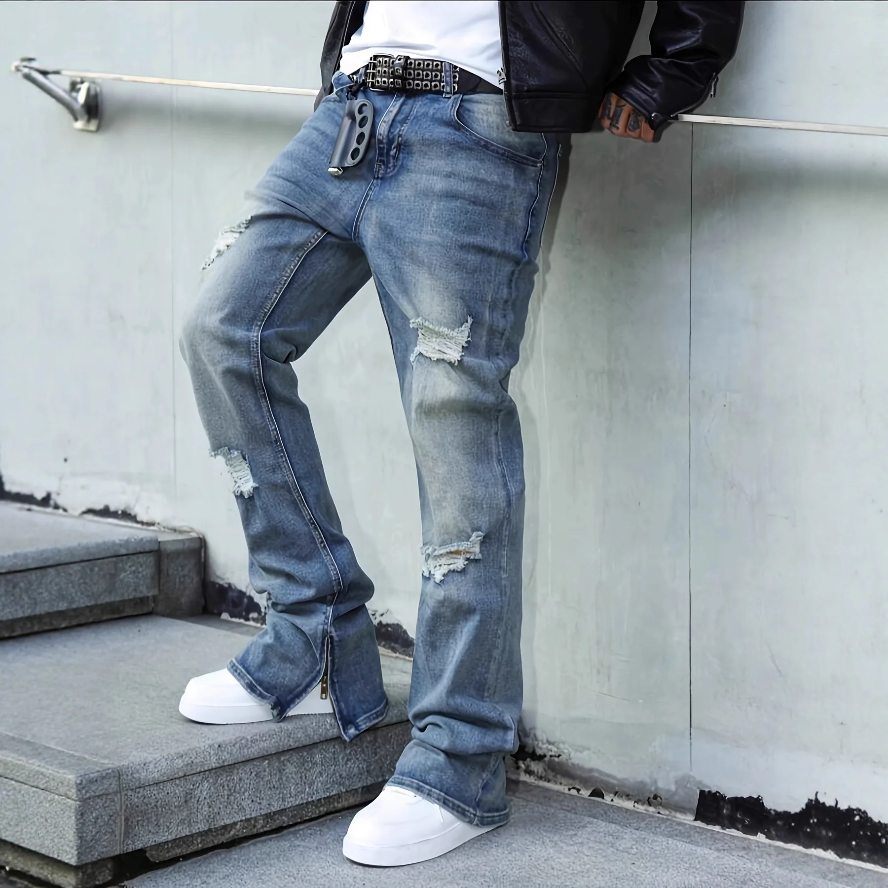 2026 Autumn New Zipper Jeans Men's Ripped Washed Men's High Street Fashion Denim Trousers